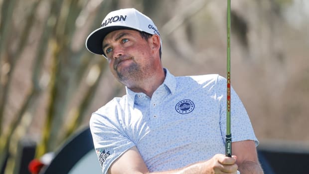 Keegan Bradley hits his drive on the tenth tee during the first round of the Arnold Palmer Invitational golf tournament.